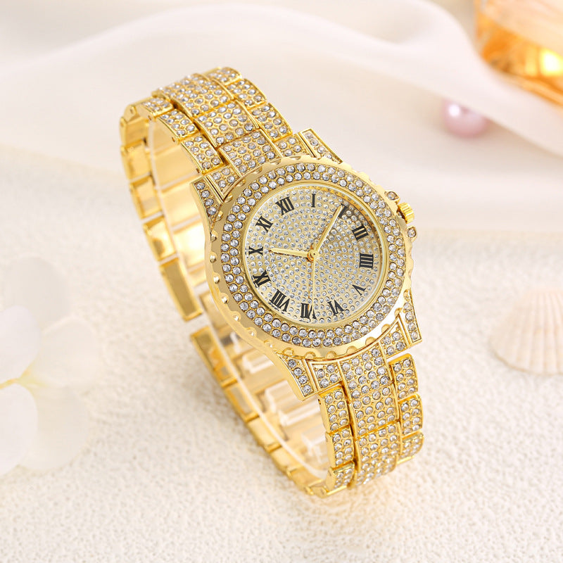 Fashionable Ladies Quartz Watch Set with Diamonds Roman Dial round Versatile Watch