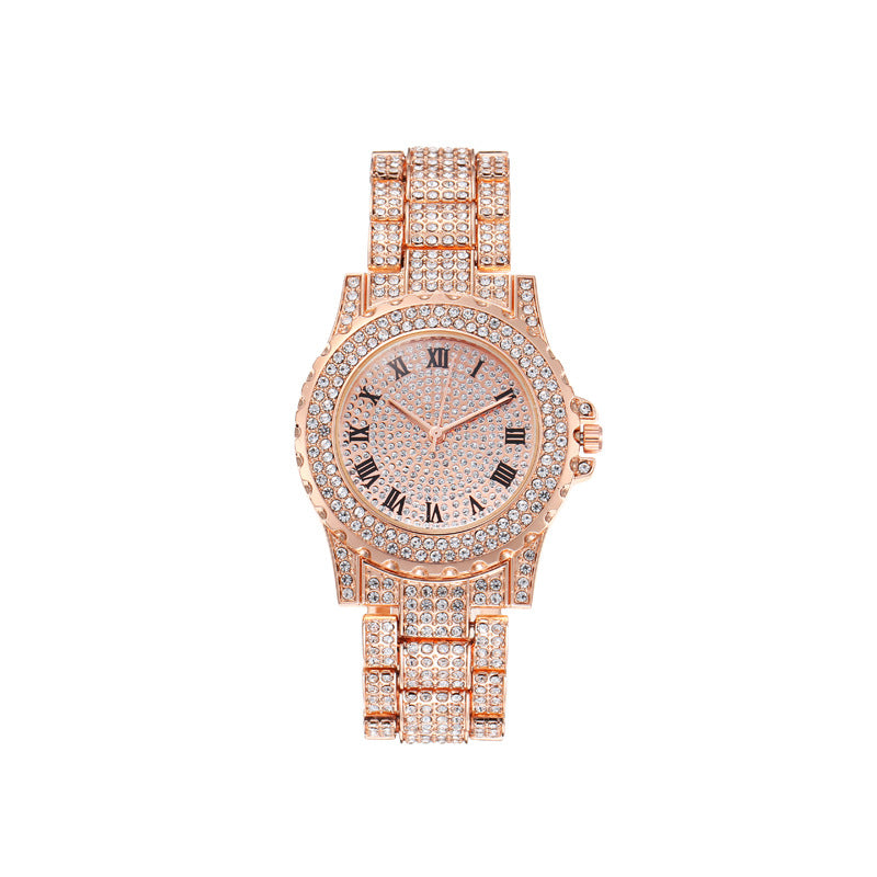 Fashionable Ladies Quartz Watch Set with Diamonds Roman Dial round Versatile Watch