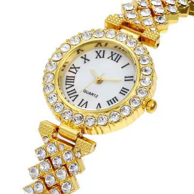 Side view of Fashionable Diamond Embedded round Dial Roman Numerals Ladies aviation pilot watch in stainless steel, polished.