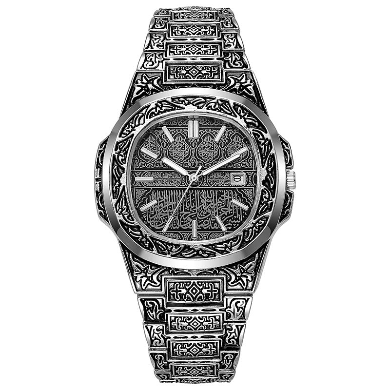 Vintage Relief Steel Men Watch Calendar Quartz Wristwatch