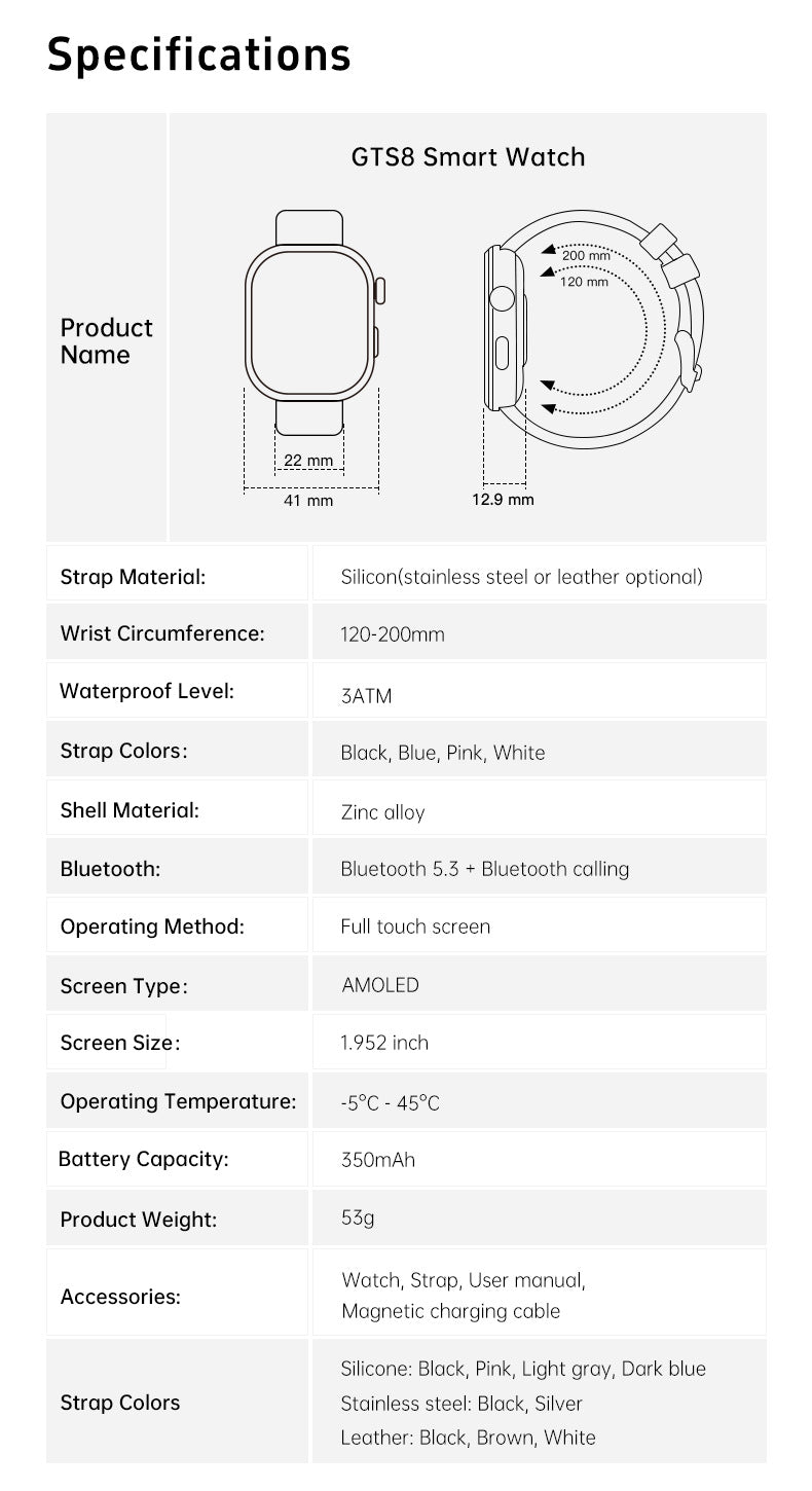 GTS8 Smart Watch 3ATM Waterproof Amoled bluetooth SmartWatch