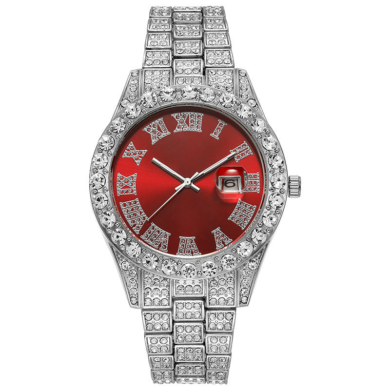 Steel Strap Roman Rhinestone Calendar Quartz Watch Fashion Male Wristwatch