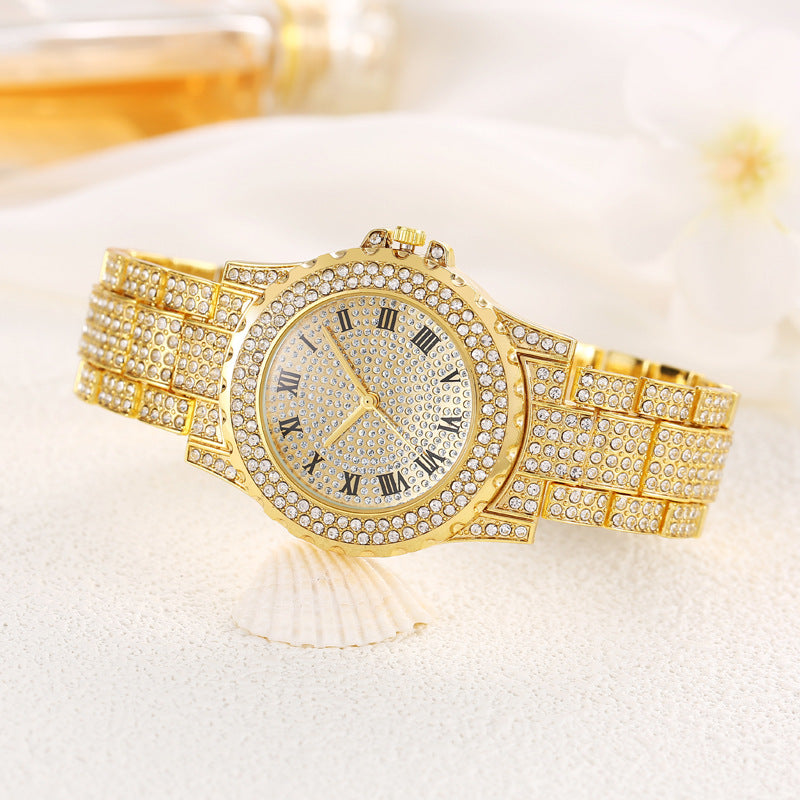 Fashionable Ladies Quartz Watch Set with Diamonds Roman Dial round Versatile Watch