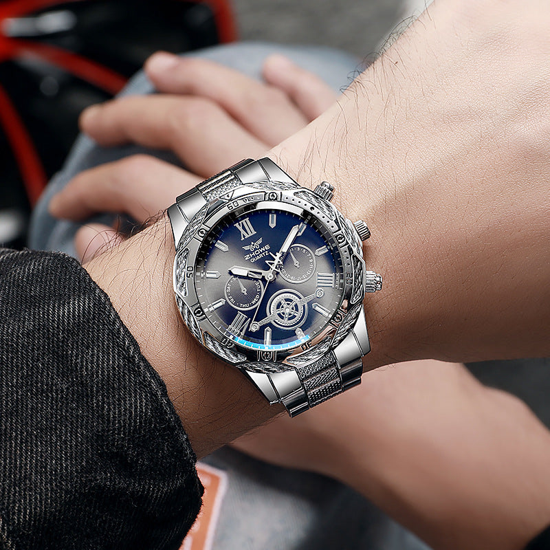 Men's Casual Alloy Watch Blue Light Glass Fake Three Eyes Quartz Wristwatch