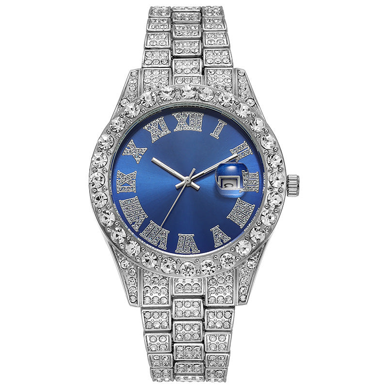 Steel Strap Roman Rhinestone Calendar Quartz Watch Fashion Male Wristwatch