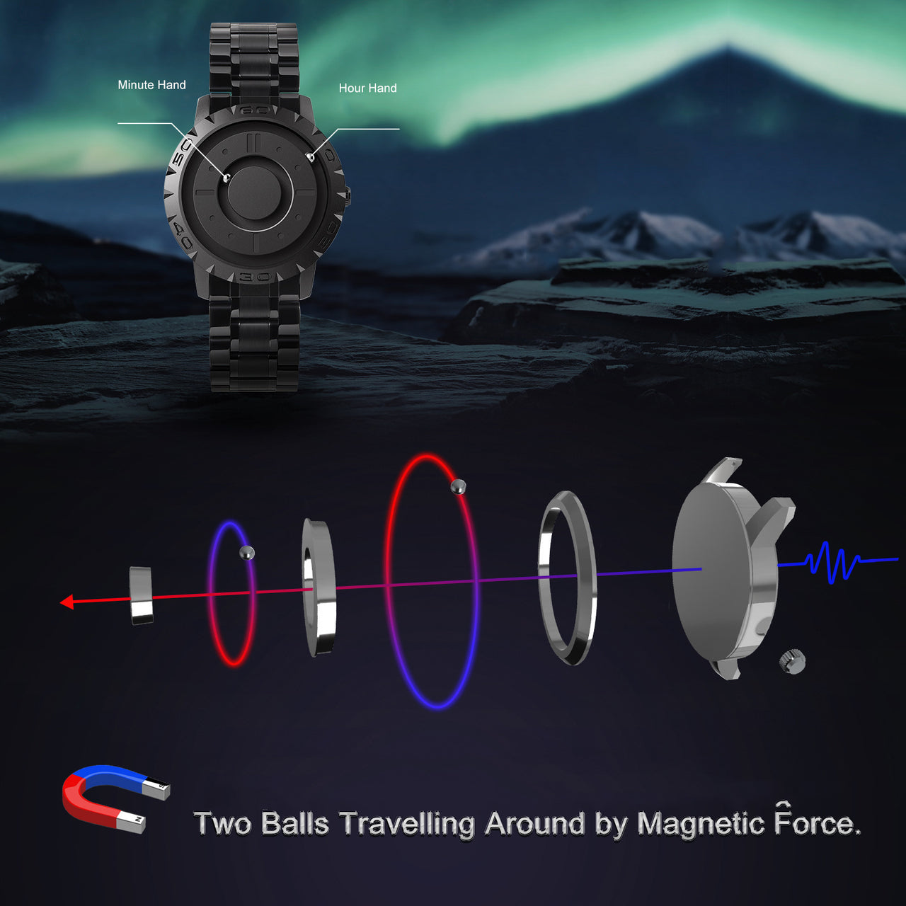 Magnetic Roller Creative Trendy Black Technology Concept Borderless Design Watch