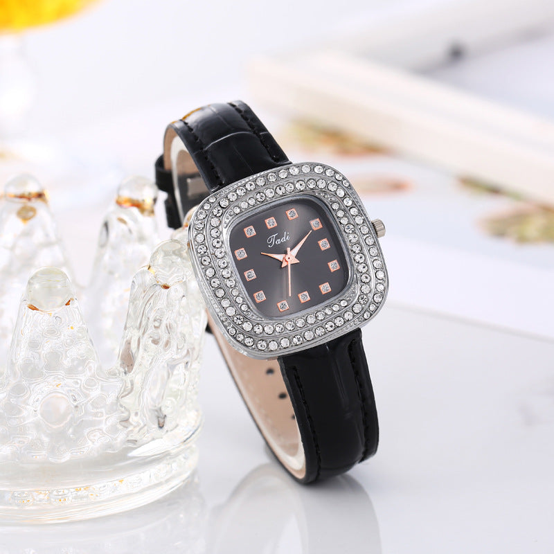 Fashionable Minimalist Ladies' Square Quartz Watch Full Sky Star Leather Strap Black Business Style Women's Wristwatch