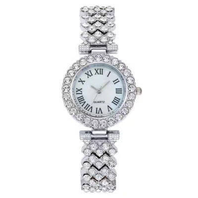 Fashionable Diamond Embedded round Dial Roman Numerals Ladies Watch Bracelet