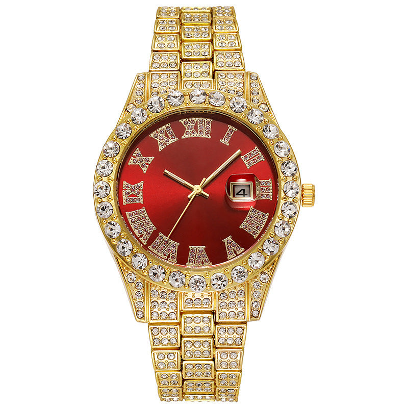 Steel Strap Roman Rhinestone Calendar Quartz Watch Fashion Male Wristwatch