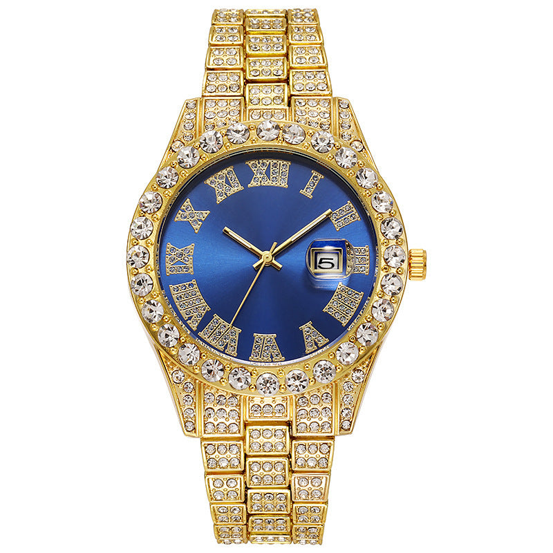 Steel Strap Roman Rhinestone Calendar Quartz Watch Fashion Male Wristwatch