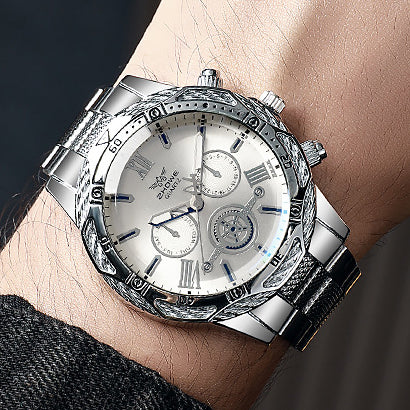 Men's Casual Alloy Watch Blue Light Glass Fake Three Eyes Quartz Wristwatch
