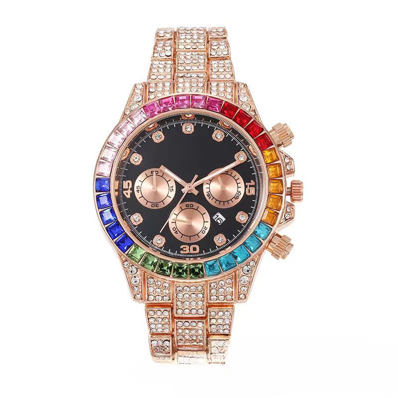 Fashionable Hip Hop Steel Belt Calendar Quartz Watch Business Diamond Embedded Large Gold Watch Three Eyes Bracelet Steel Belt