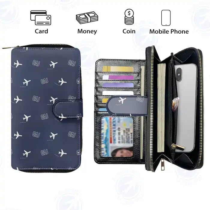 Albert J. Ellis Airport (OAJ) Leather Wallets - Zip Long Wallet - Pattern - Navy Blue