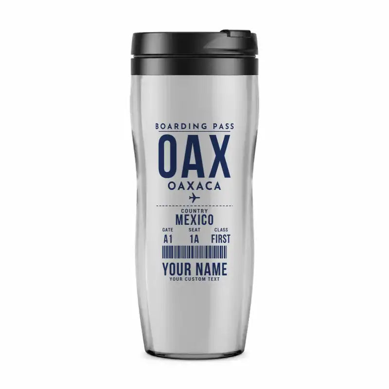 Oaxaca International Airport (OAX) Travel Mugs - Boarding Pass + Name - Plastic (No Holder) - Light Gray