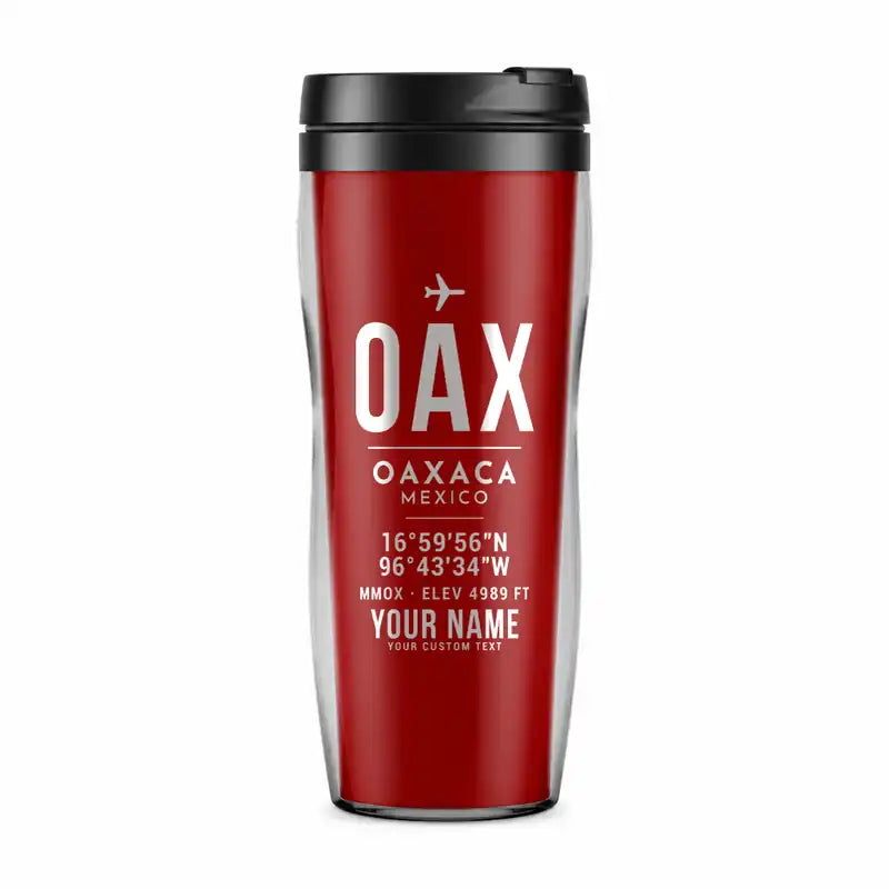 Oaxaca International Airport (OAX) Travel Mugs - ID Tag + Name - Plastic (No Holder) - Red