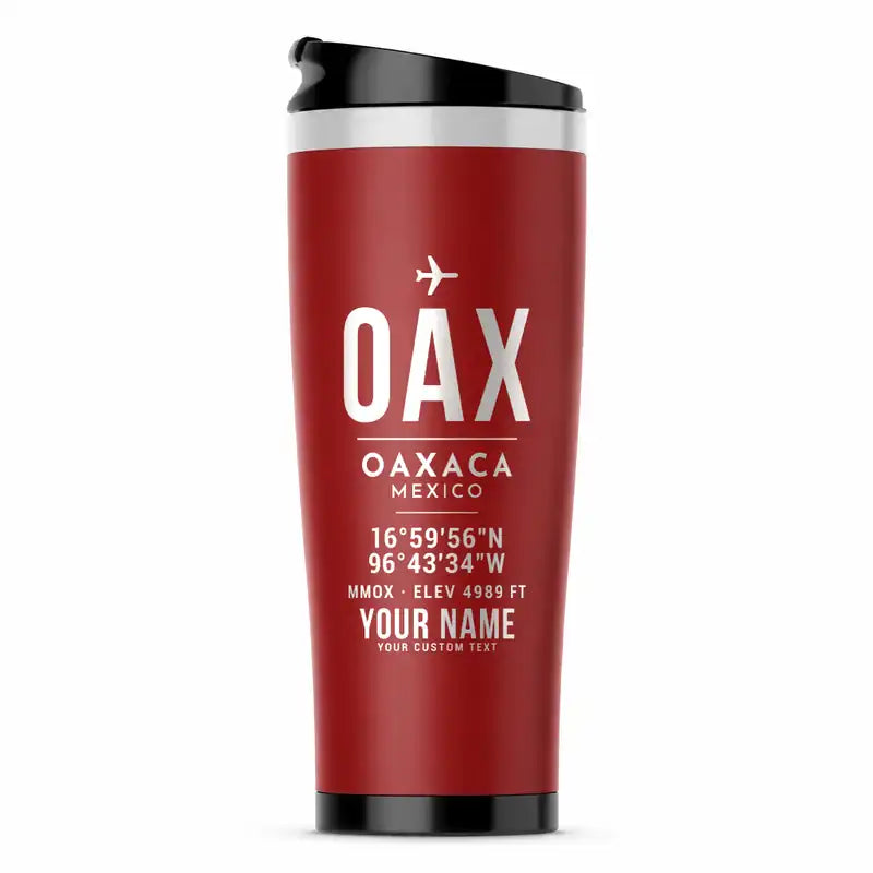 Oaxaca International Airport (OAX) Travel Mugs - ID Tag + Name - Stainless Steel (No Holder) - Red