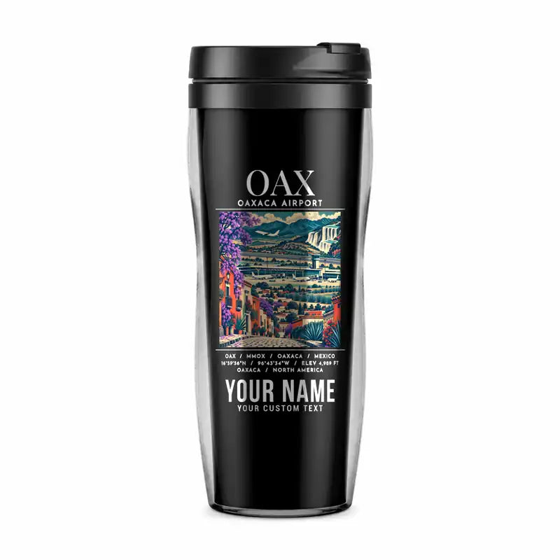Oaxaca International Airport (OAX) Travel Mugs - Poster + Name - Plastic (No Holder) - Black