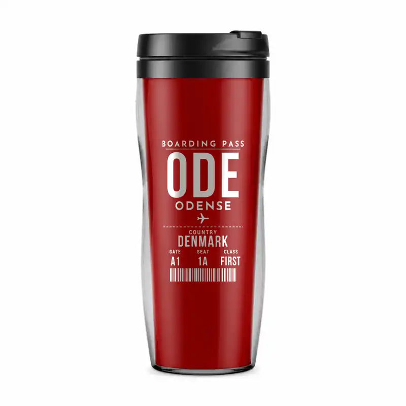 Odense Hans Christian Andersen Airport (ODE) Travel Mugs - Boarding Pass - Plastic (No Holder) - Red