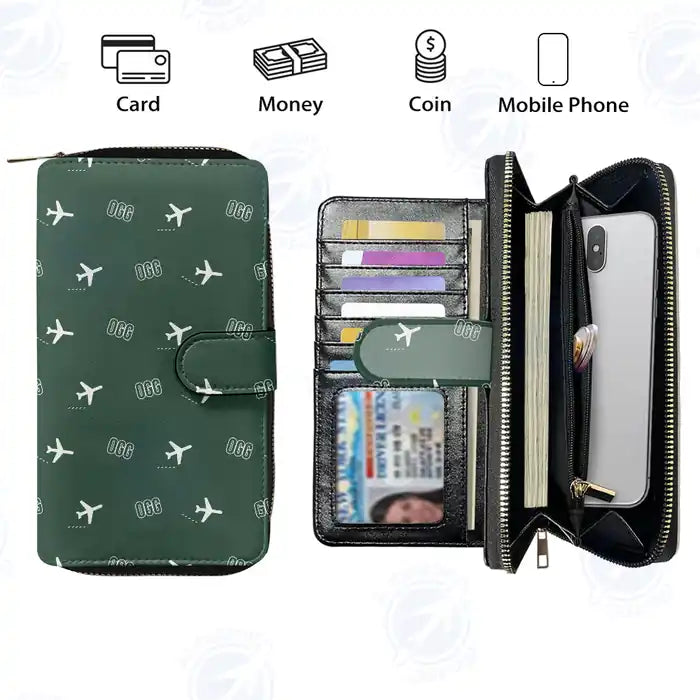 Kahului Airport (OGG) Leather Wallets - Zip Long Wallet - Pattern - Dark Green