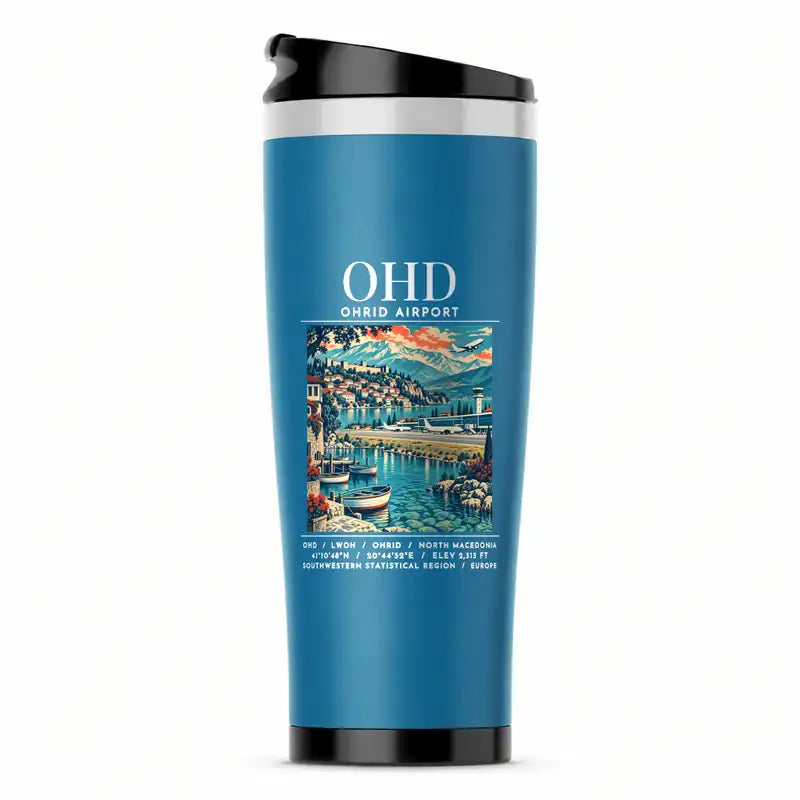 Ohrid St. Paul the Apostle Airport (OHD) Travel Mugs - Poster - Stainless Steel (No Holder) - Light Blue