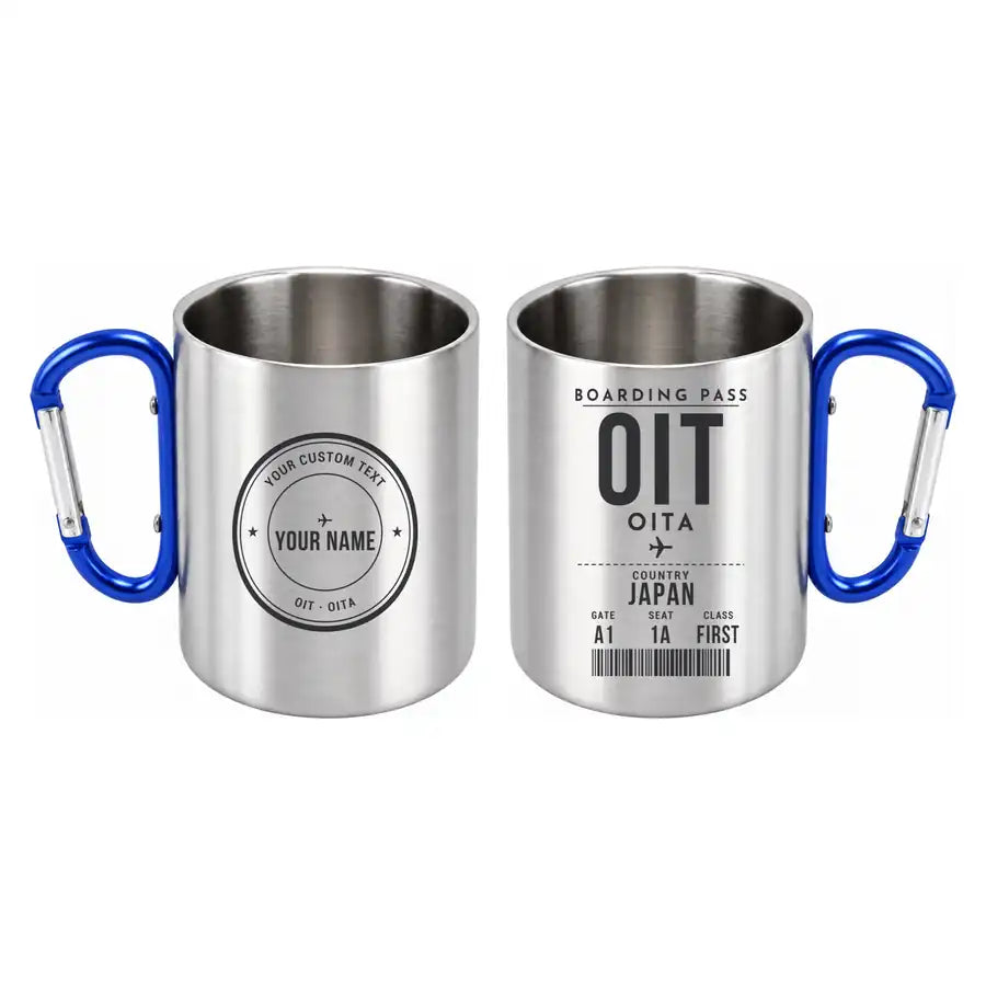Oita Airport (OIT) Stainless Steel Mugs - Boarding Pass + Custom Back - Outdoors Mug - Blue