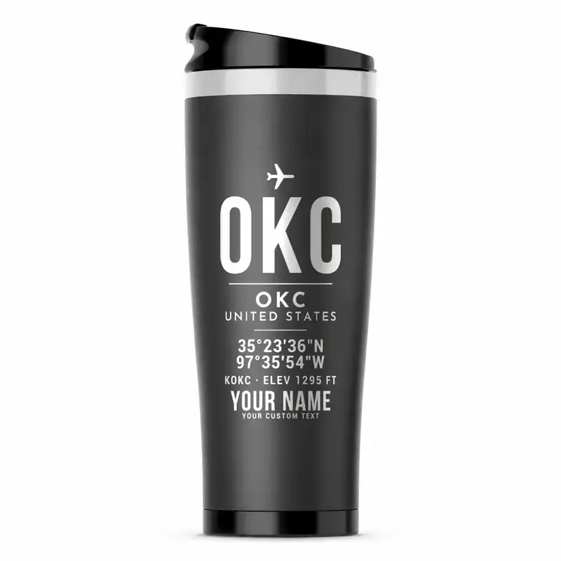 Will Rogers International Airport (OKC) Travel Mugs - ID Tag + Name - Stainless Steel (No Holder) - Gray