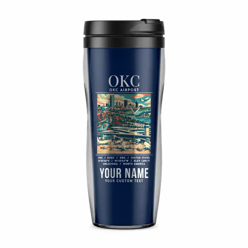 Will Rogers International Airport (OKC) Travel Mugs - Poster + Name - Plastic (No Holder) - Dark Blue