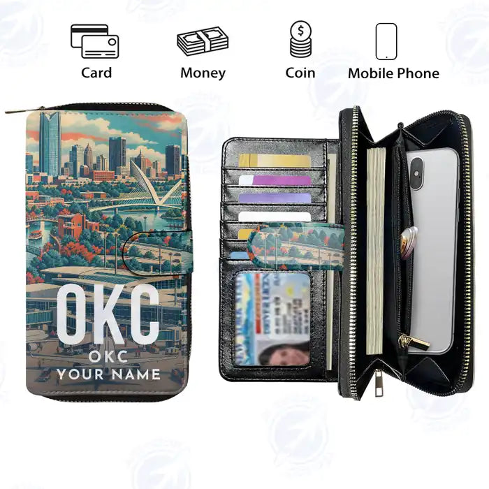Will Rogers International Airport (OKC) Leather Wallets - Zip Long Wallet - Scene + Name