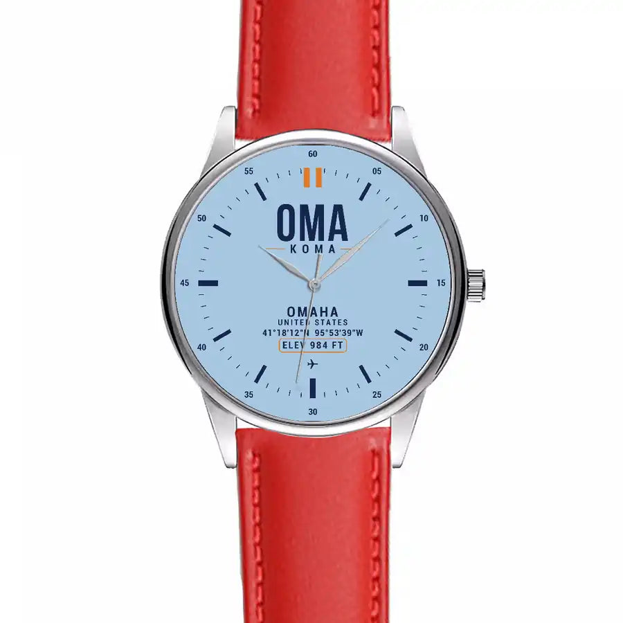 Omaha Eppley Airfield (OMA) Aviator Watches - Classic - Light Blue - Leather Strap - Red Leather Strap