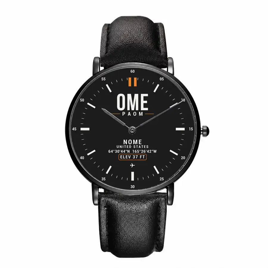 Nome Airport (OME) Aviator Watches - Classic - Black - Slim Leather - Black & Black Leather Strap