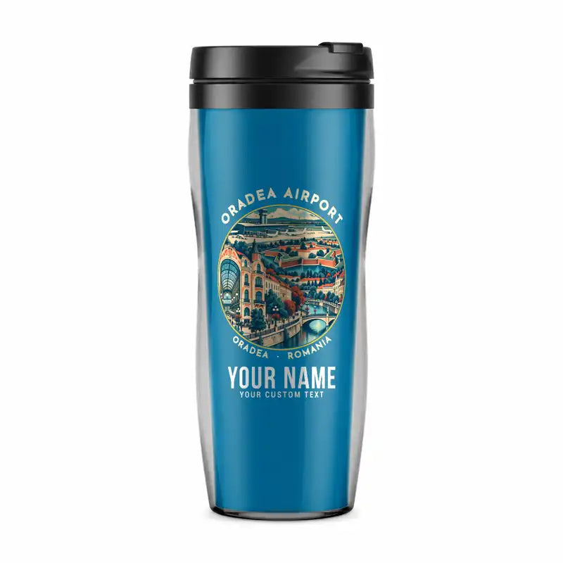 Oradea International Airport (OMR) Travel Mugs - Badge + Name - Plastic (No Holder) - Light Blue