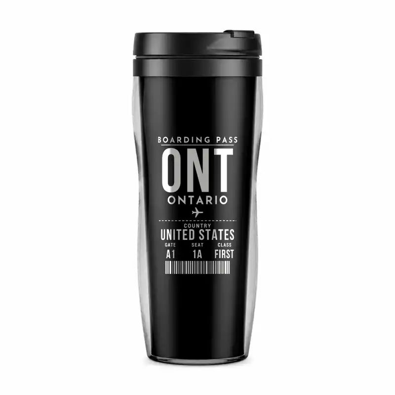 Ontario International Airport (ONT) Travel Mugs - Boarding Pass - Plastic (No Holder) - Black