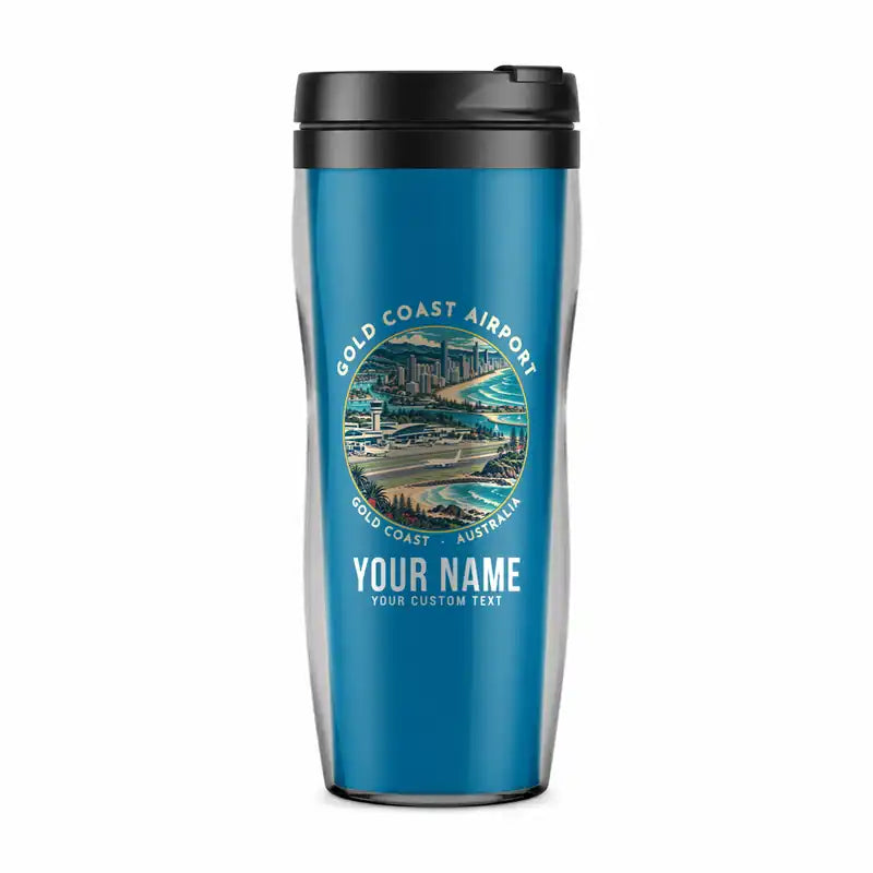 Gold Coast Airport (OOL) Travel Mugs - Badge + Name - Plastic (No Holder) - Light Blue