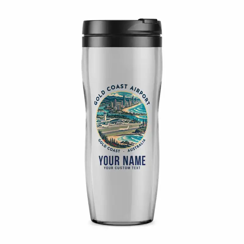 Gold Coast Airport (OOL) Travel Mugs - Badge + Name - Plastic (No Holder) - Light Gray