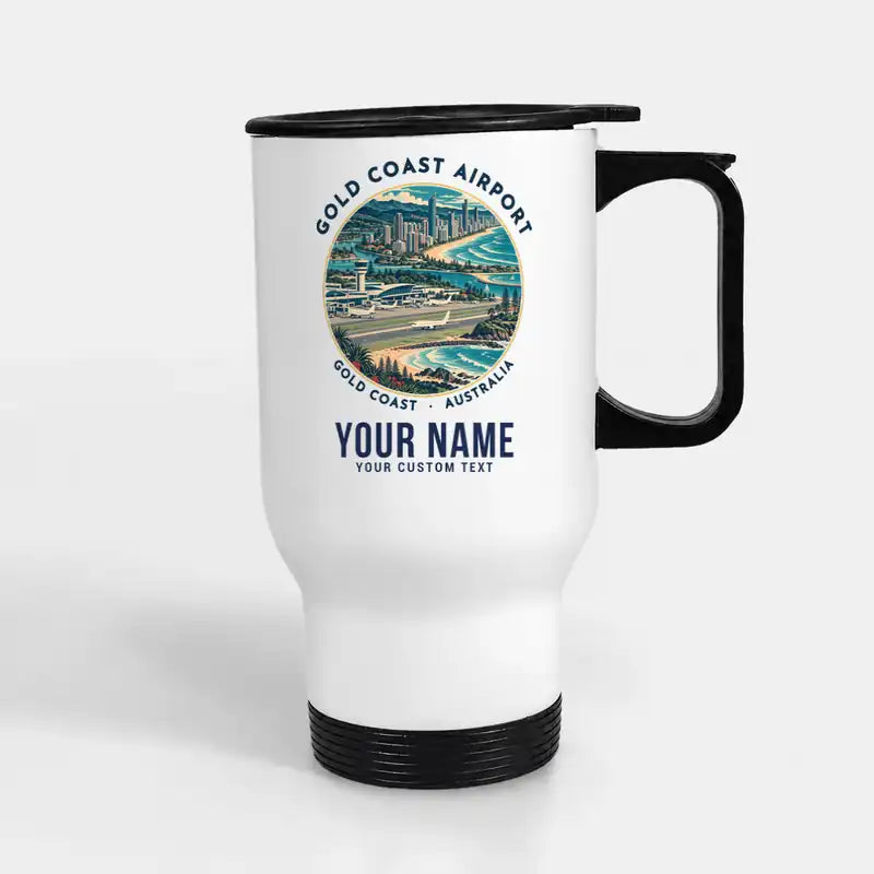 Gold Coast Airport (OOL) Travel Mugs - Badge + Name - Stainless Steel with Holder - White