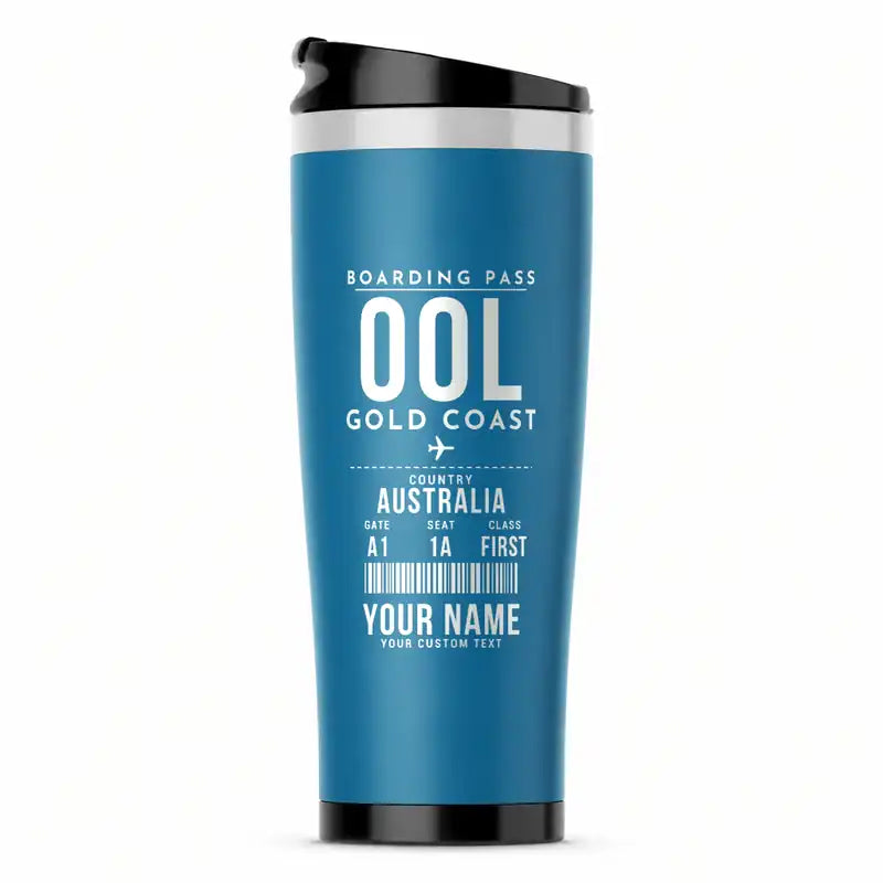 Gold Coast Airport (OOL) Travel Mugs - Boarding Pass + Name - Stainless Steel (No Holder) - Light Blue