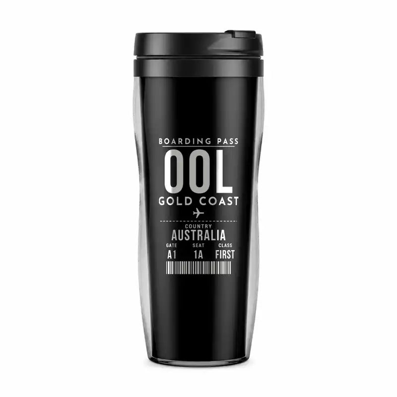 Gold Coast Airport (OOL) Travel Mugs - Boarding Pass - Plastic (No Holder) - Black
