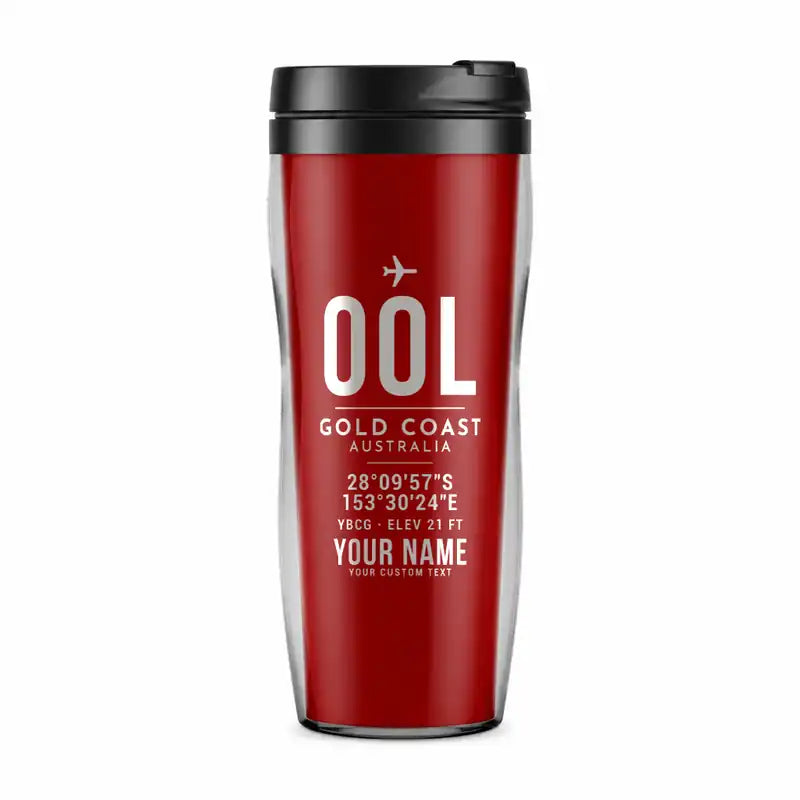 Gold Coast Airport (OOL) Travel Mugs - ID Tag + Name - Plastic (No Holder) - Red