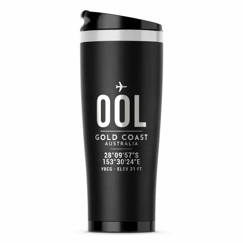 Gold Coast Airport (OOL) Travel Mugs - ID Tag - Stainless Steel (No Holder) - Black