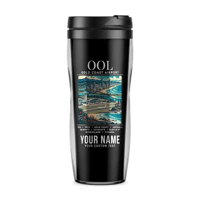 Gold Coast Airport (OOL) Travel Mugs - Poster + Name - Plastic (No Holder) - Black