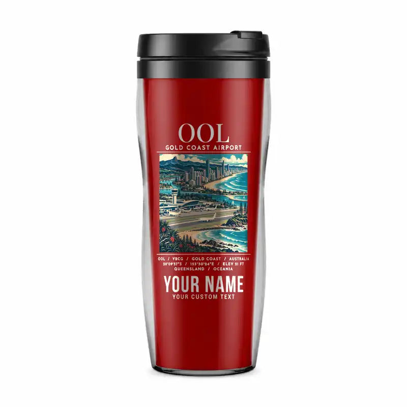 Gold Coast Airport (OOL) Travel Mugs - Poster + Name - Plastic (No Holder) - Red
