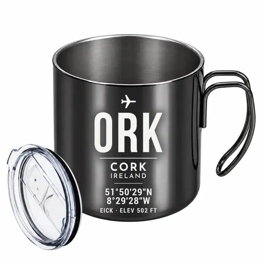 Cork Airport (ORK) Stainless Steel Mugs - ID Tag - Portable Mug - Black