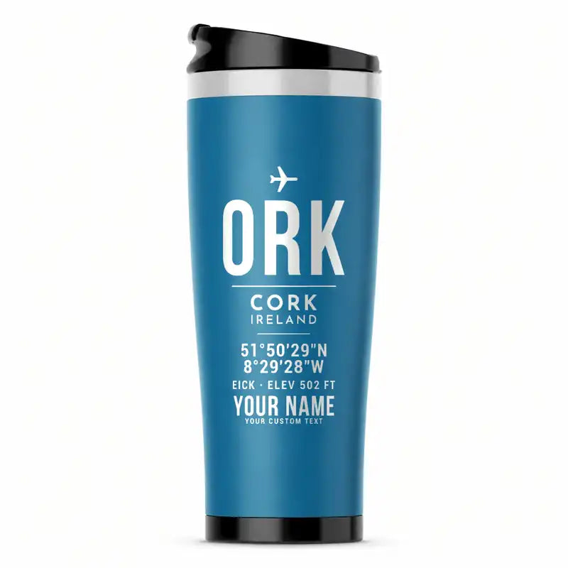 Cork Airport (ORK) Travel Mugs - ID Tag + Name - Stainless Steel (No Holder) - Light Blue