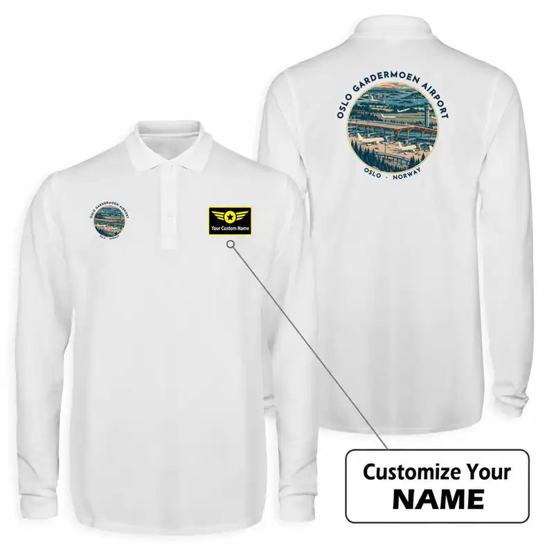 Oslo Airport Gardermoen (OSL) Premium Polo T-Shirts - Badge + Name - Long Sleeve - White