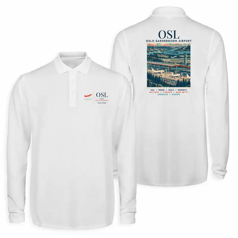 Oslo Airport Gardermoen (OSL) Premium Polo T-Shirts - Poster - Long Sleeve - White