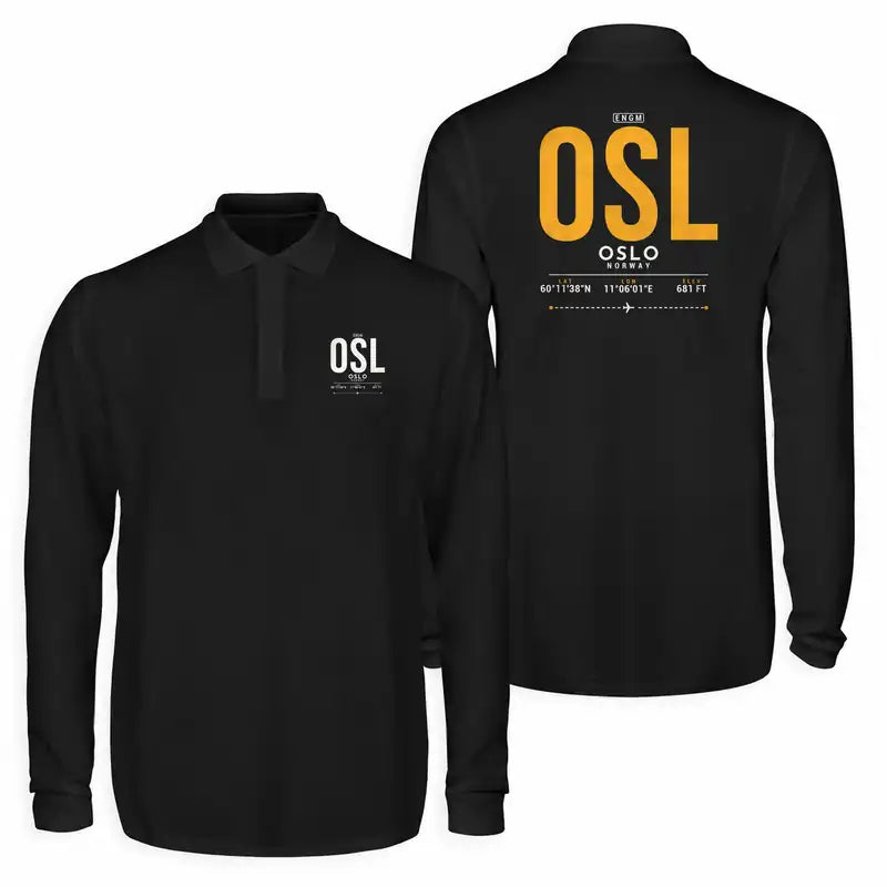 Oslo Airport Gardermoen (OSL) Premium Polo T-Shirts - Tag - Long Sleeve - Black