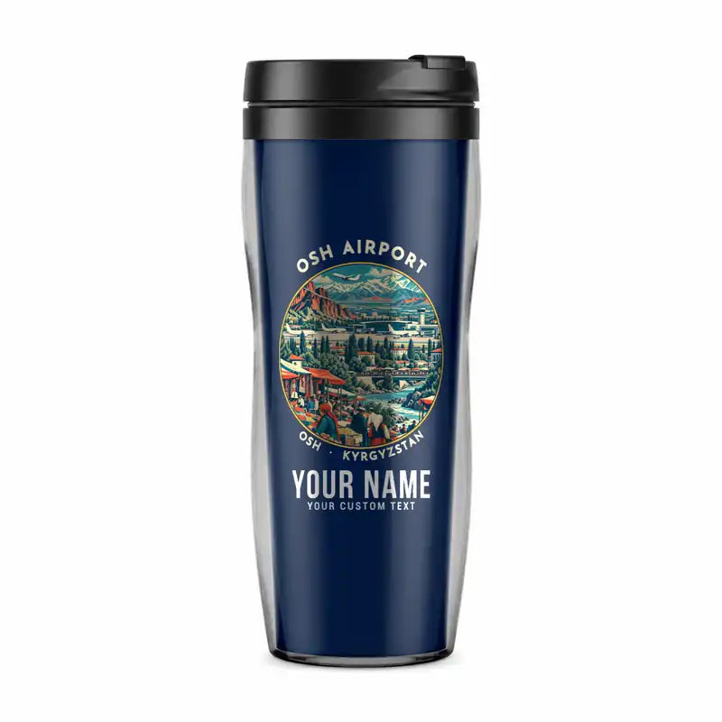 Osh International Airport (OSS) Travel Mugs - Badge + Name - Plastic (No Holder) - Dark Blue