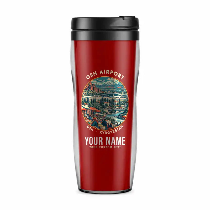 Osh International Airport (OSS) Travel Mugs - Badge + Name - Plastic (No Holder) - Red