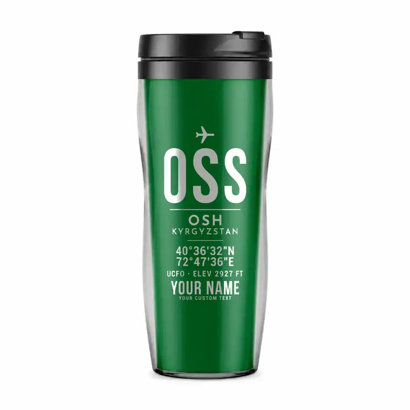 Osh International Airport (OSS) Travel Mugs - ID Tag + Name - Plastic (No Holder) - Green