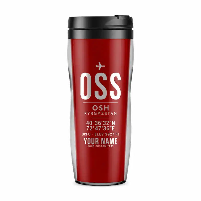 Osh International Airport (OSS) Travel Mugs - ID Tag + Name - Plastic (No Holder) - Red